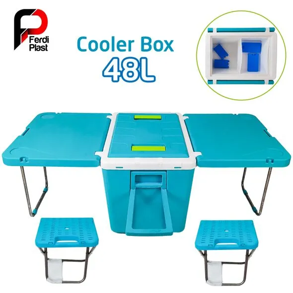 Ferdi Glacière Portative 48L Avec Table, 2 Chaise Ideal Pour Camping
